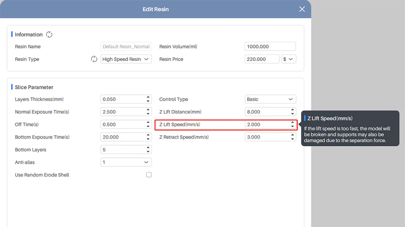 Настройка скорости подъёма платформы (Z lift speed) в слайсере