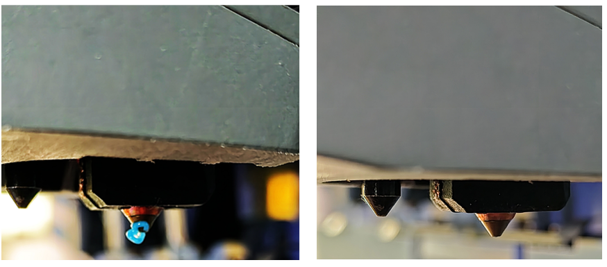 Dirty and clean Flashforge Creator 5 nozzle compared before calibration