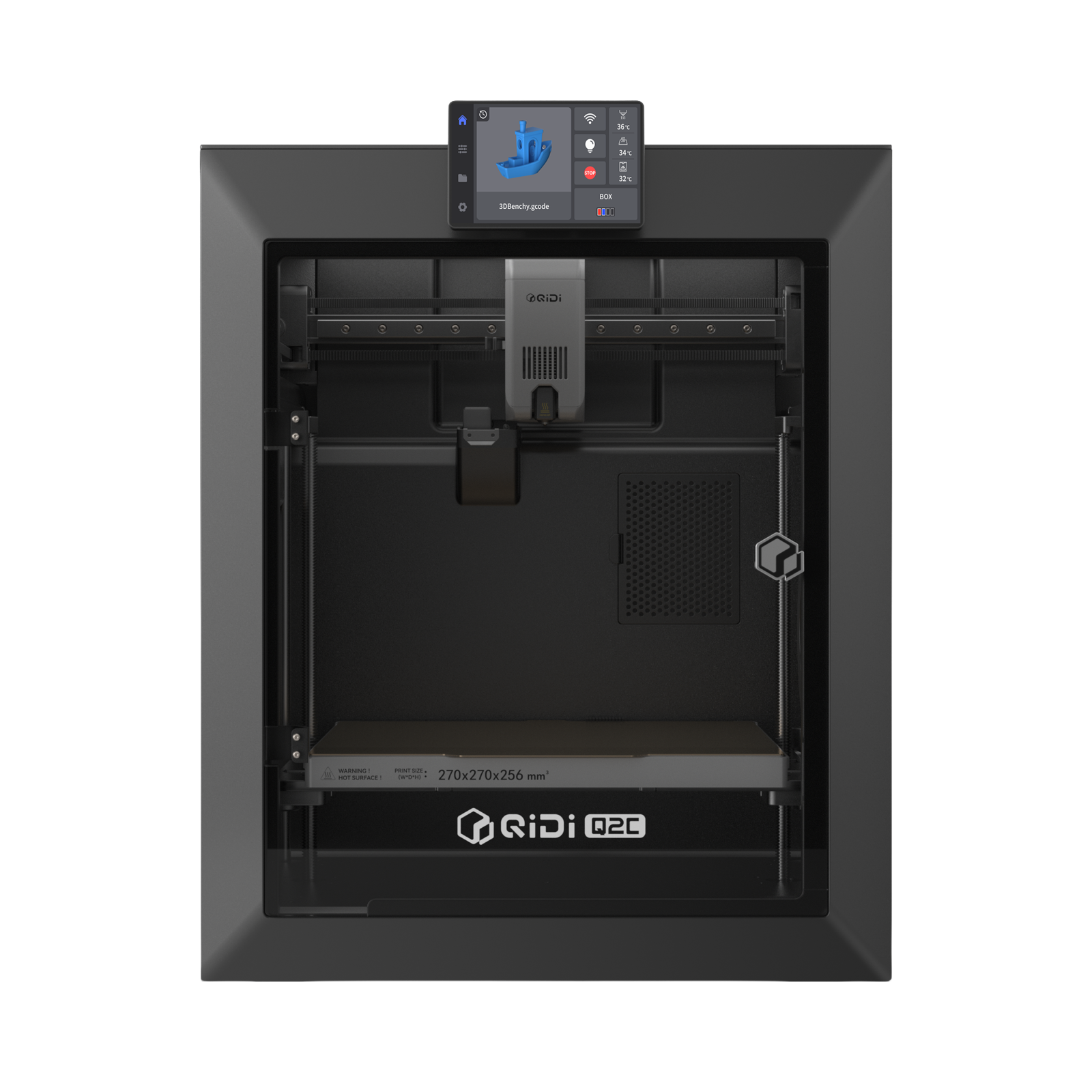 QIDI Q2C — закрытый CoreXY-принтер, вид спереди: сенсорный экран и стол 270×270×256 мм