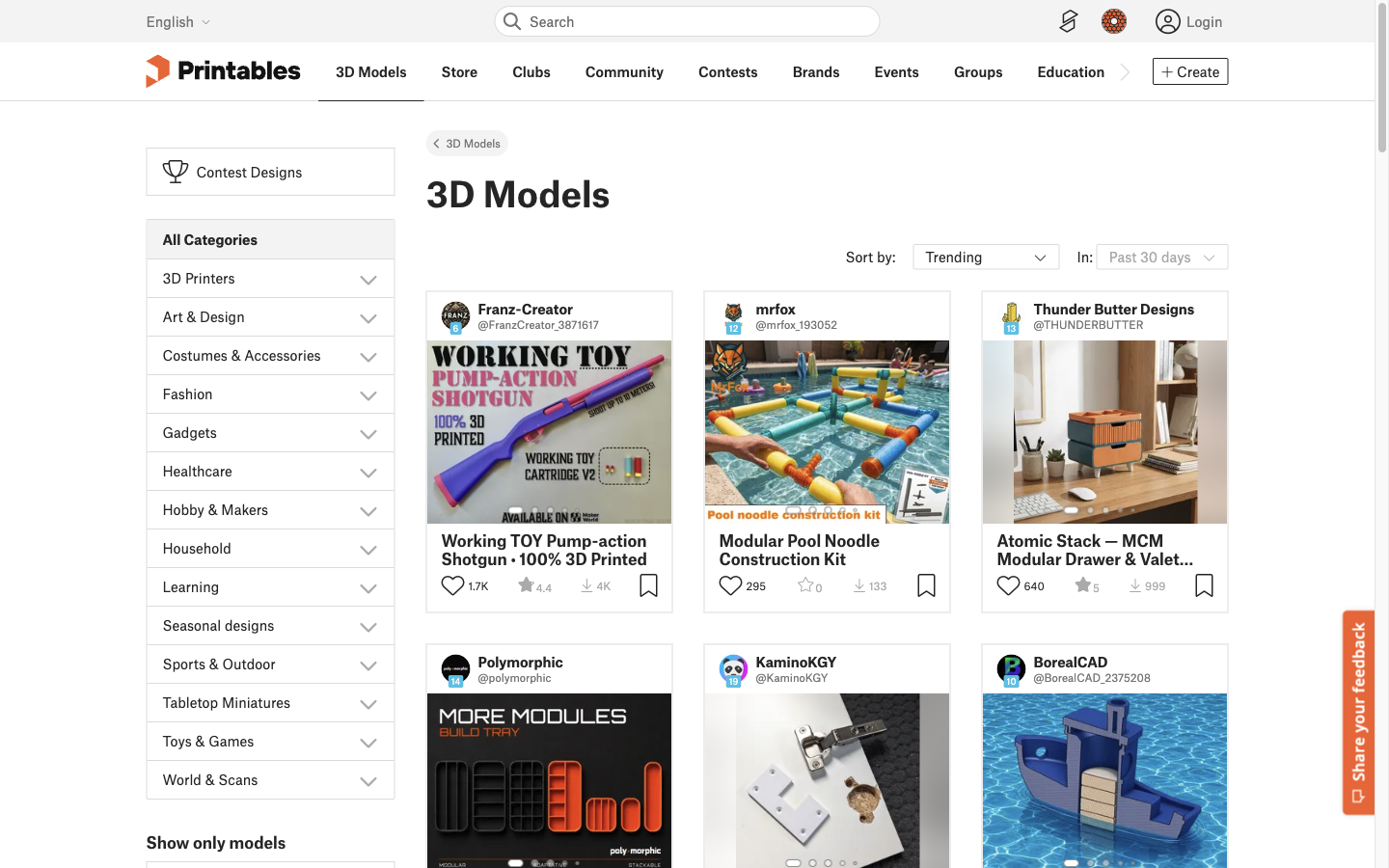 Printables catalog: category sidebar and model cards showing likes and downloads