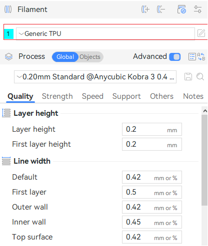 Пресет Generic TPU в Anycubic Slicer Next для Kobra 3 Max