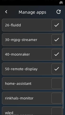 Список приложений Rinkhals: Fluidd, mjpg-streamer, Moonraker