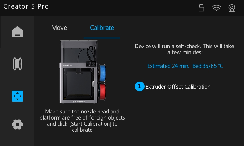 Flashforge Creator 5 extruder offset calibration screen showing the time estimate and bed temperature