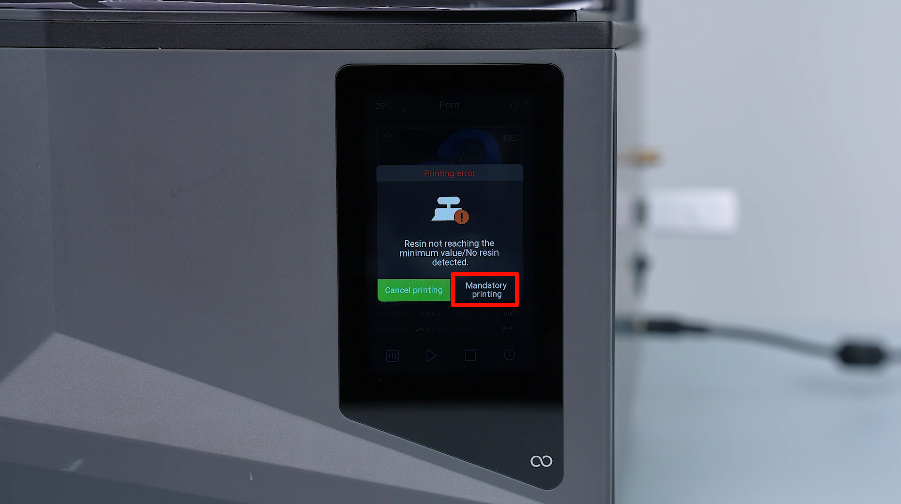 Сообщение «Resin not reaching the minimum value» и кнопка Mandatory printing