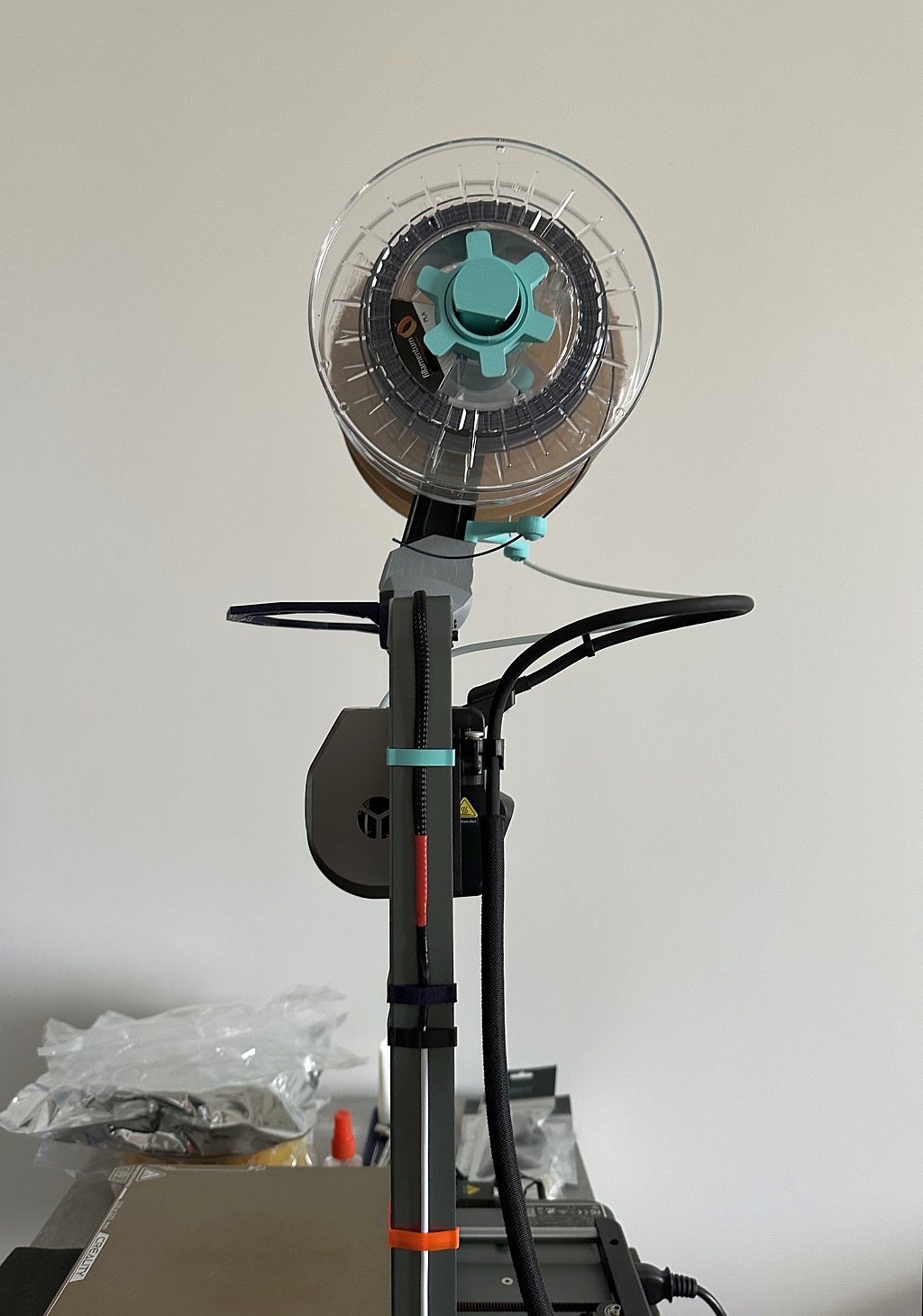 Spool on the Willys top holder with a Nebula camera and sleeved cable on the Ender-3 V3 column