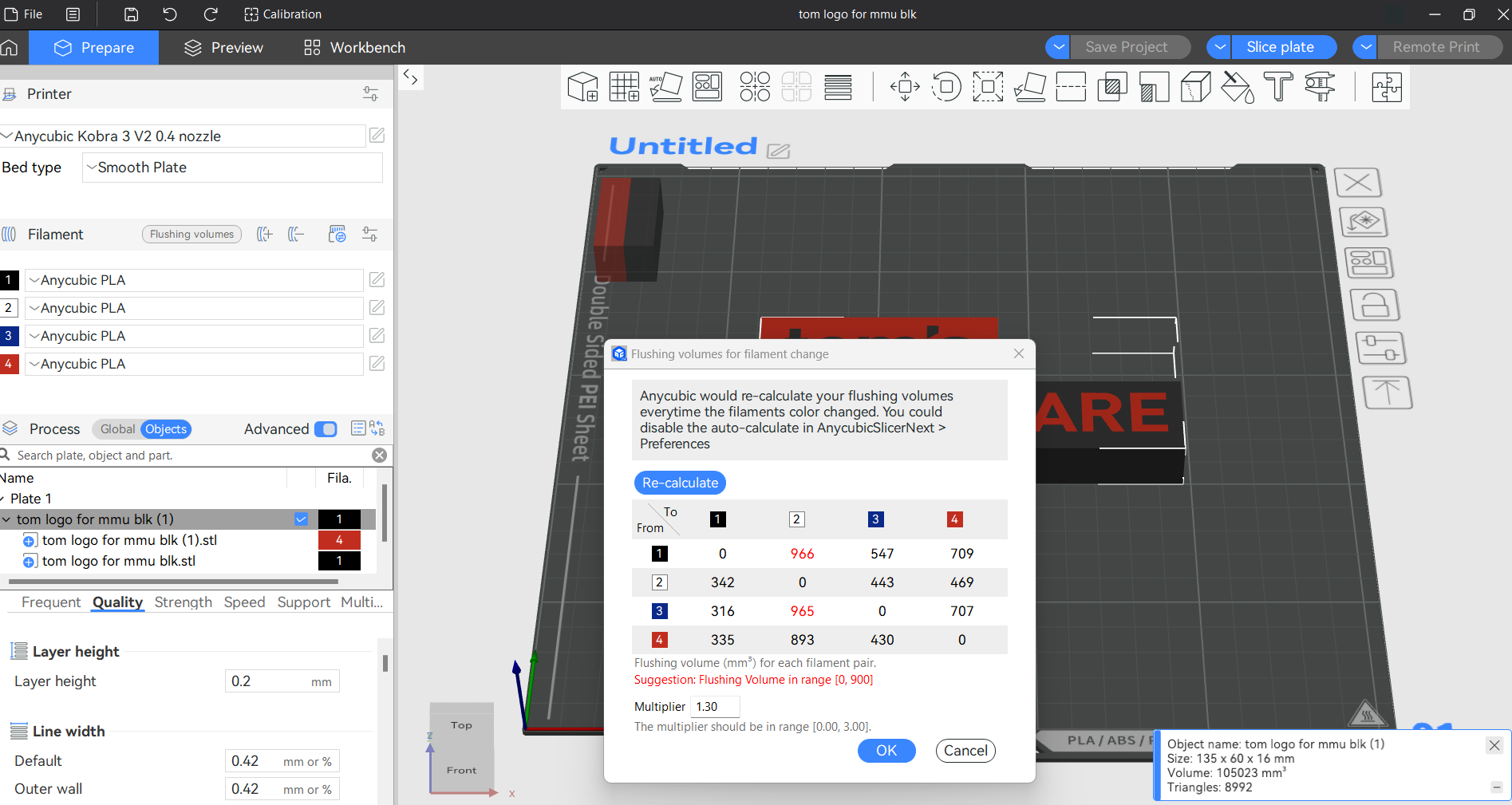 Матрица объёмов промывки в Anycubic Slicer Next с множителем 1,30