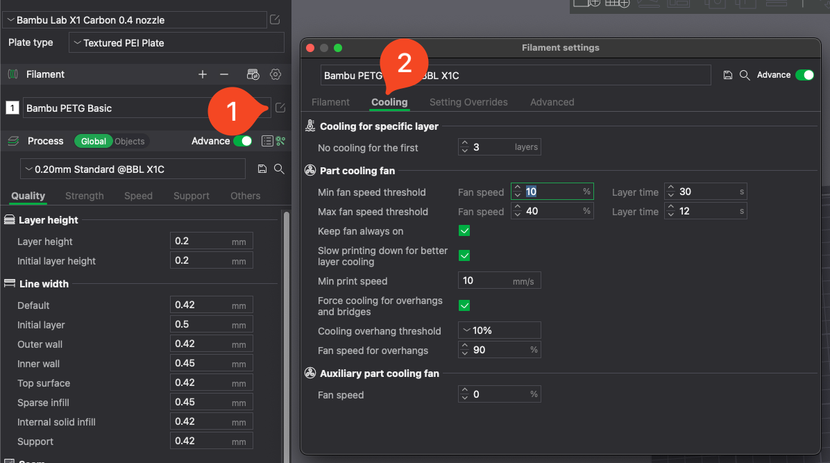 Настройки охлаждения в Bambu Studio — отключение обдува на первых слоях