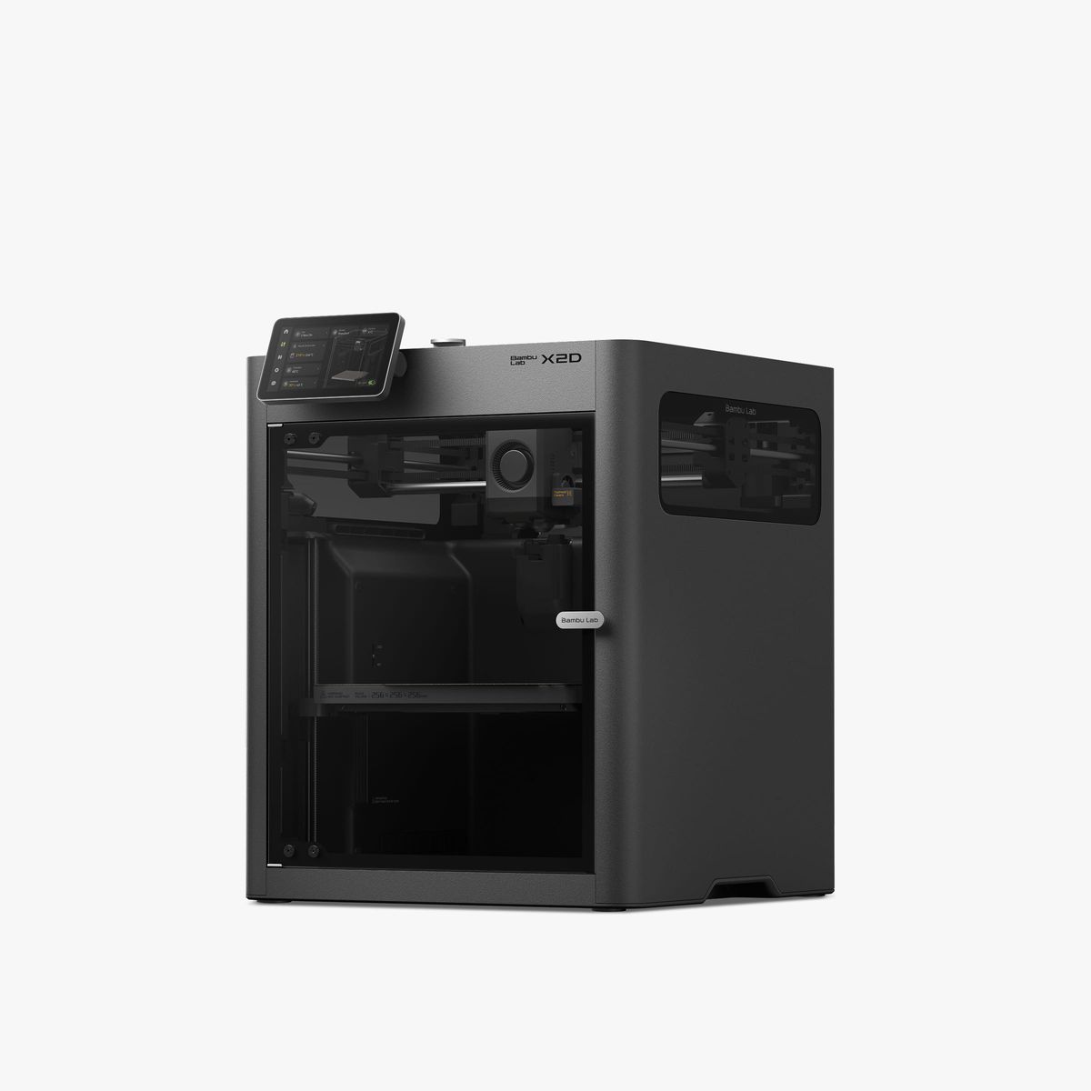 Bambu Lab X2D enclosed CoreXY printer with dual nozzles, front view