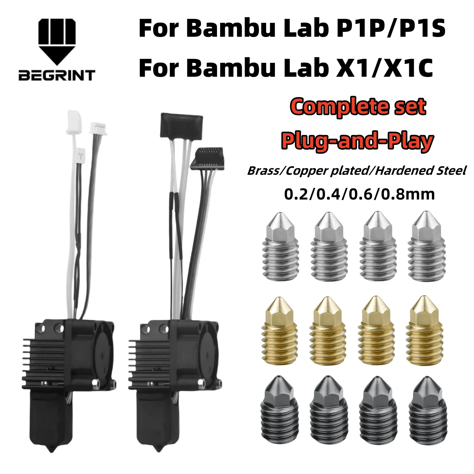 For Bambu Lab X1C P1P P1S Complete Hotend Print Head with Fan Thermistor Ceramic Heater 0.4mm Hardened steel nozzle 2