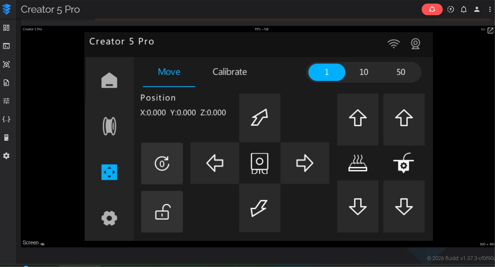 Экран управления перемещениями Creator 5 Pro в браузере с работающим удалённым тачем