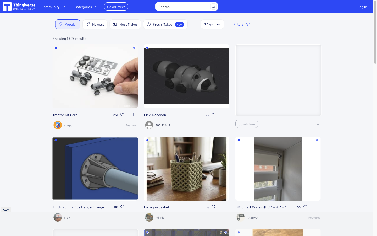 Thingiverse catalog: a grid of models with likes and Popular, Newest, Most Makes sorting