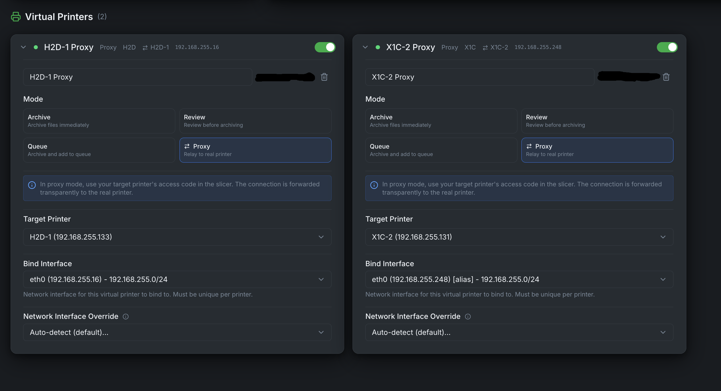 Настройки виртуального принтера Bambuddy: режимы, целевой принтер и сертификат для слайсера