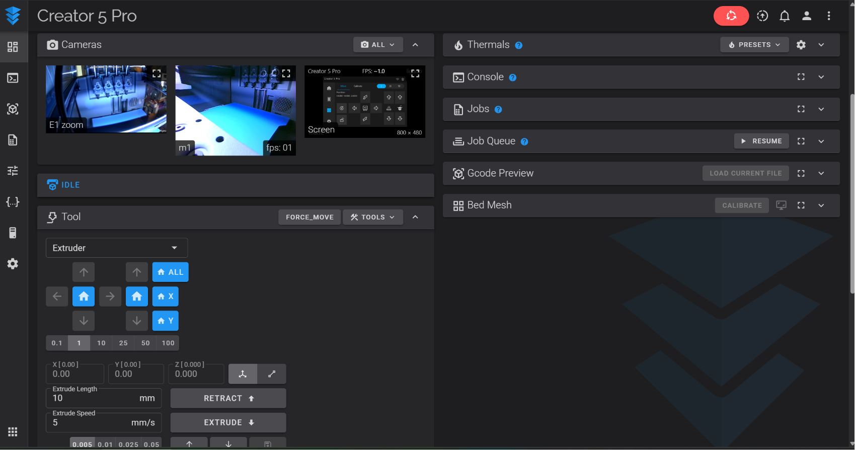 Панель Fluidd с камерами, консолью и картой стола, подключённая к Creator 5 Pro