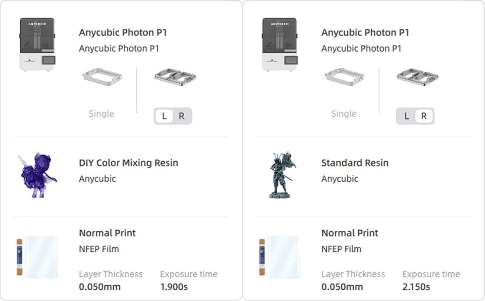 Photon Workshop: раздельные профили левой и правой ванны Anycubic Photon P1 — выдержка 1,9 и 2,15 секунды при слое 0,05 мм