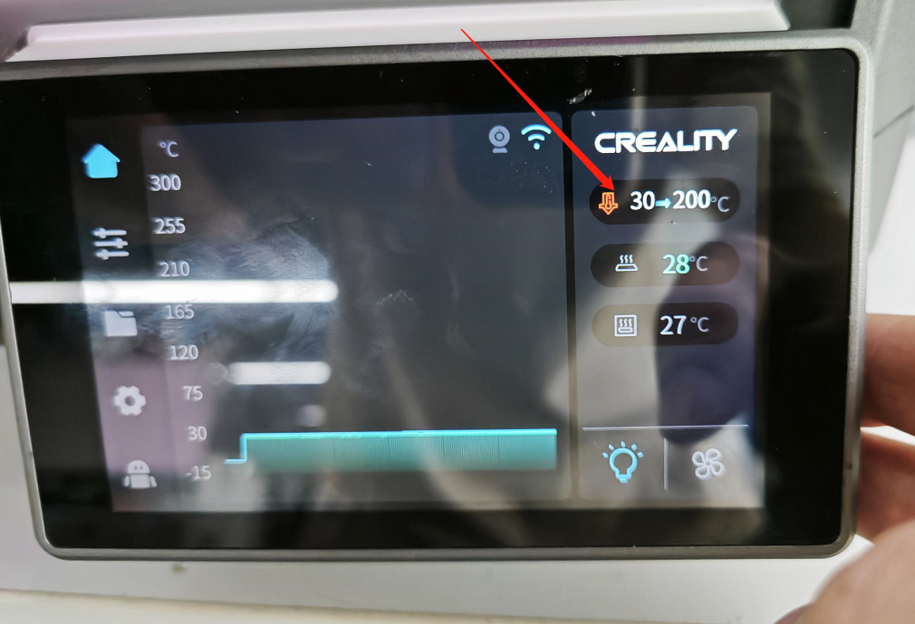 Прогрев сопла K1 Max до температуры экструзии для чистки клога
