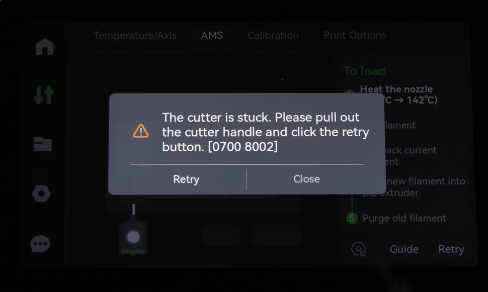Cutter stuck error on screen