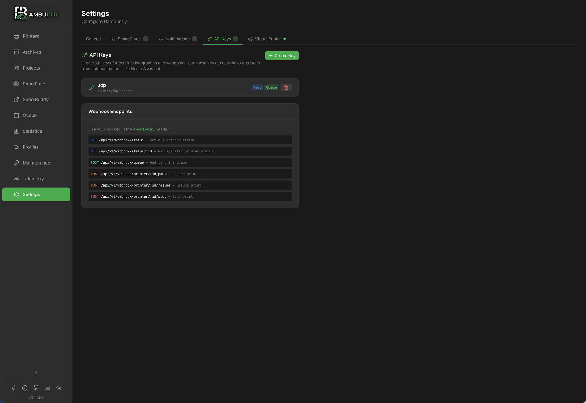 Ключи API и токены доступа в настройках Bambuddy