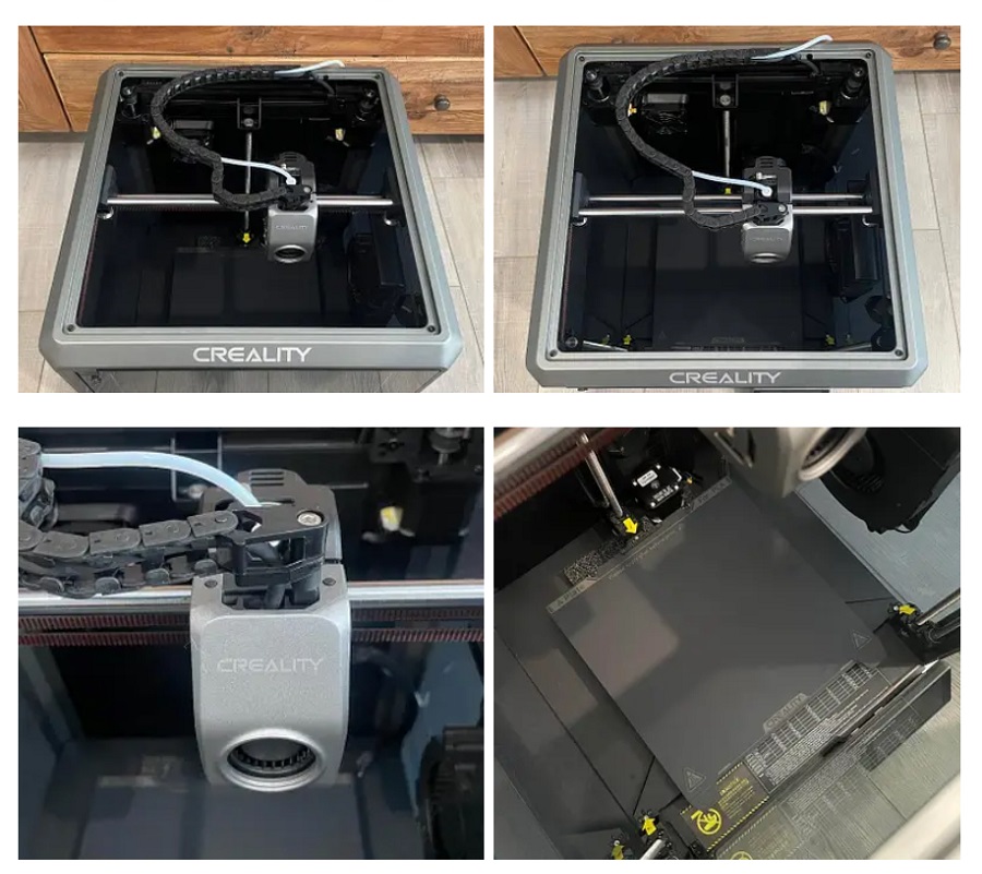 Внутренности K1C: каретка на рельсах, экструдер с кабелем, Unicorn хотенд снизу, стол