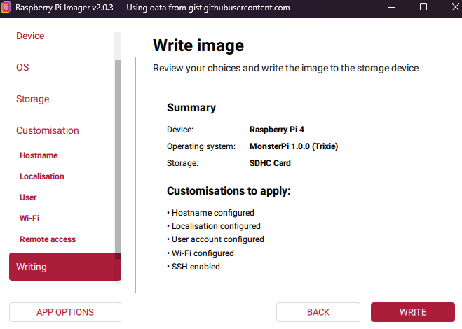 Raspberry Pi Imager: сводка перед записью MonsterPi 1.0.0 на Raspberry Pi 4
