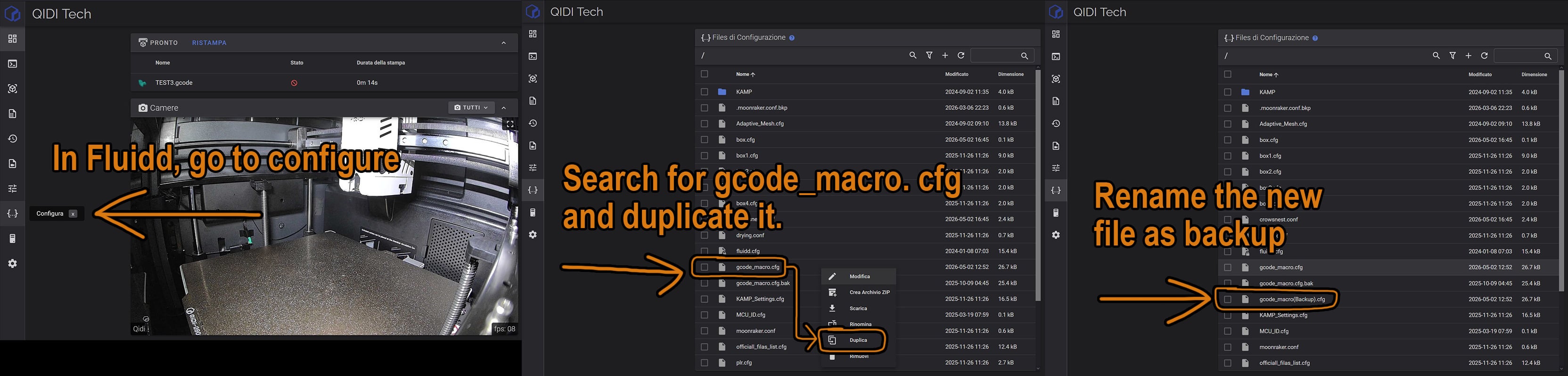 Резервная копия gcode_macro.cfg через контекстное меню Fluidd