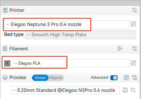 Выбор принтера Elegoo Neptune 3 Pro 0.4 nozzle и профиля печати в слайсере Elegoo