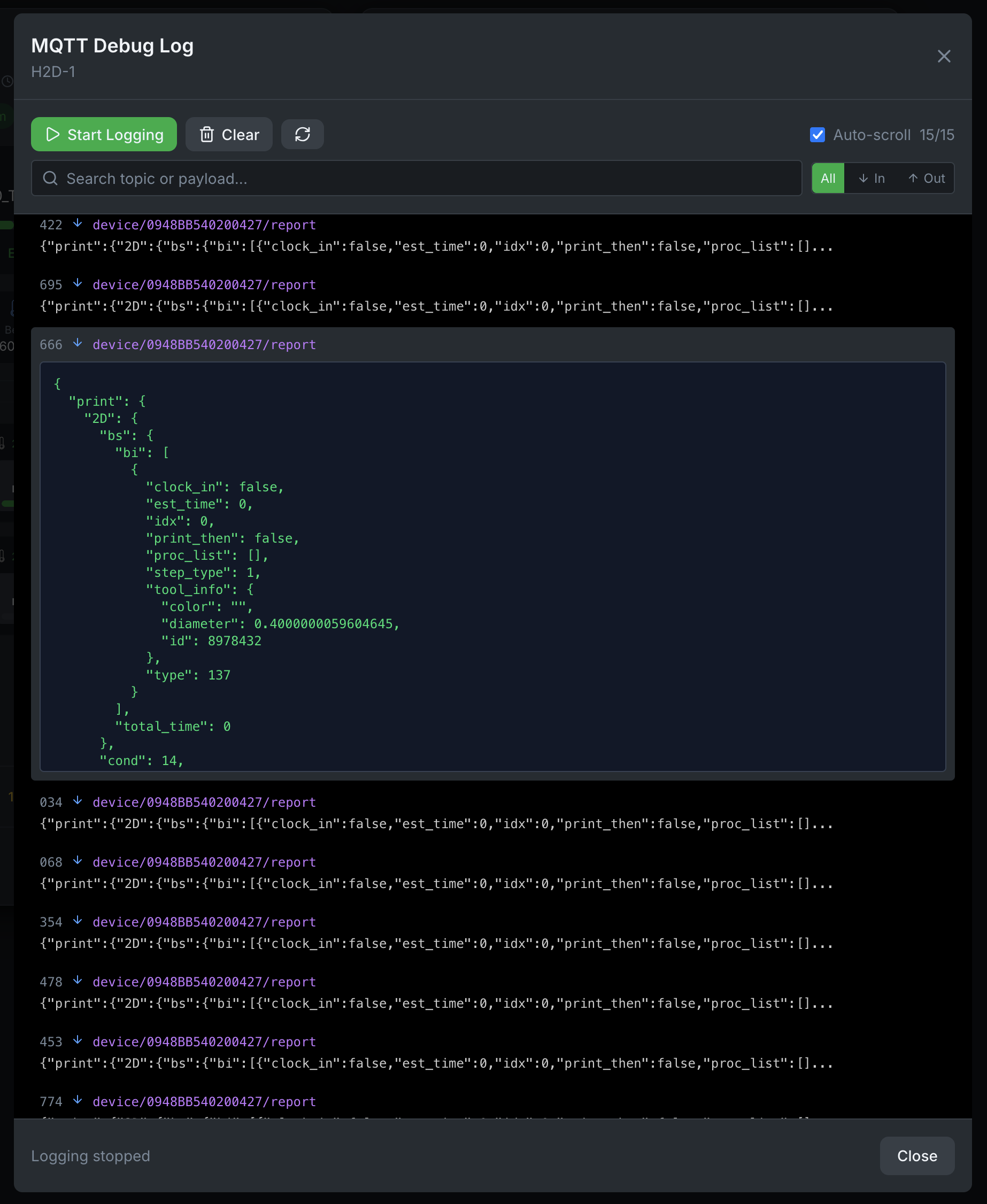 Журнал отладки MQTT в Bambuddy