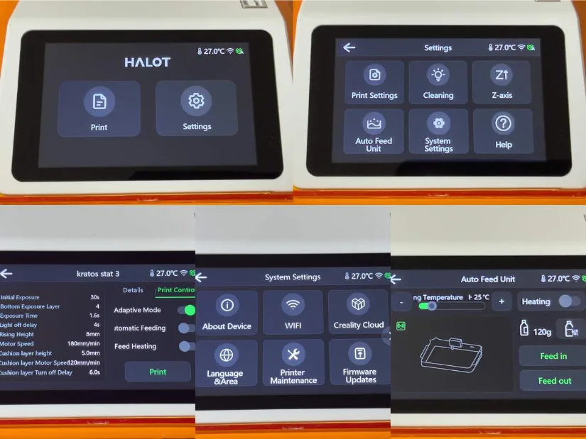Сенсорный экран HALOT-X1: Home, Settings, System Settings, Print Control