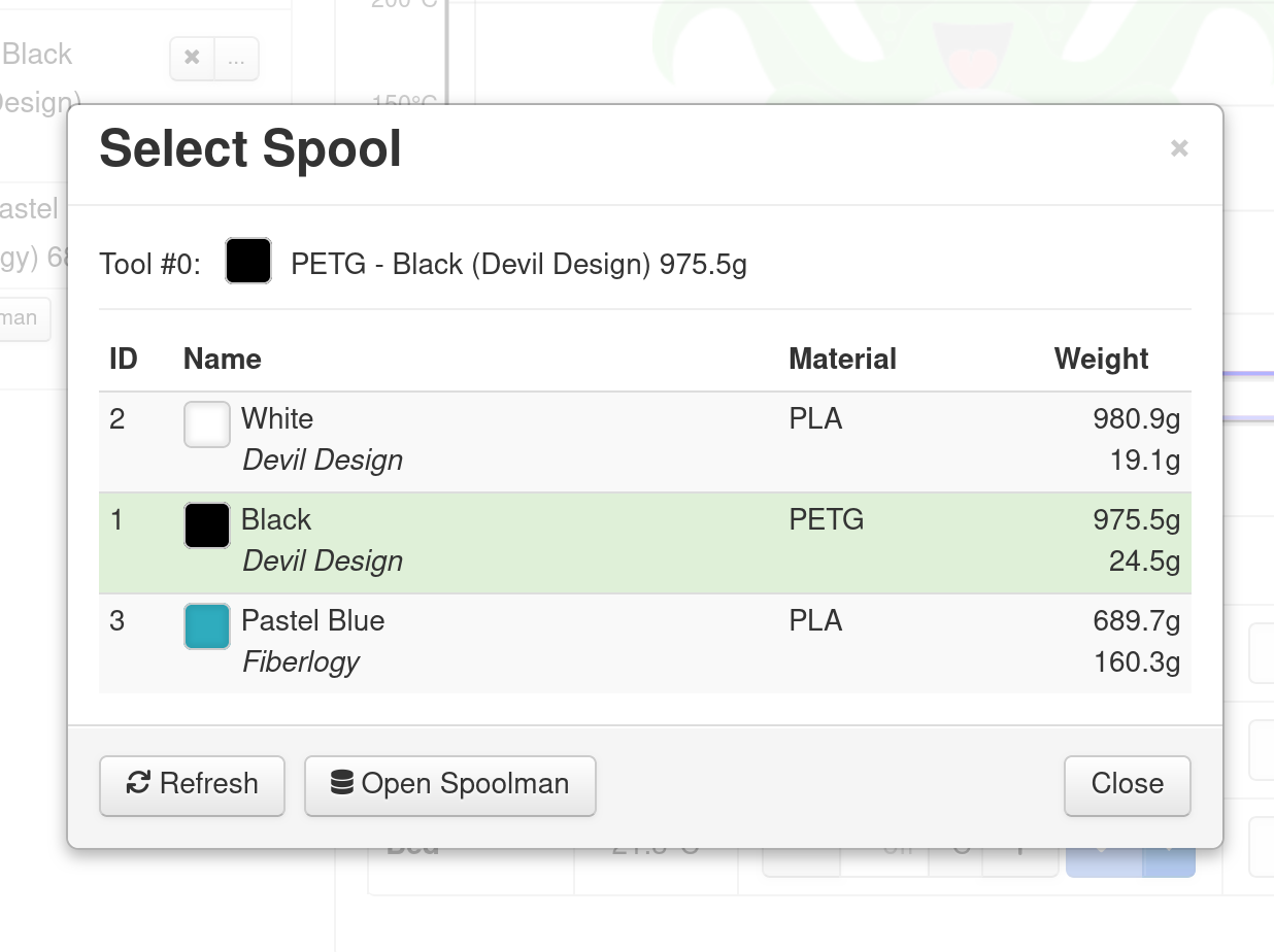 Окно выбора катушки для инструмента в плагине Spoolman для OctoPrint