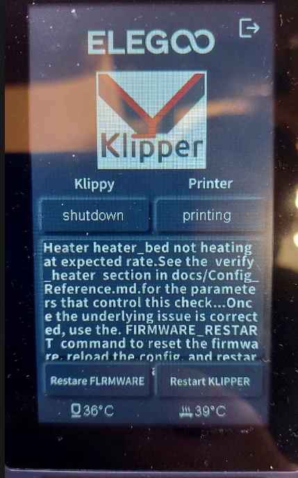 Ошибка Klipper на экране принтера: Heater heater_bed not heating at expected rate