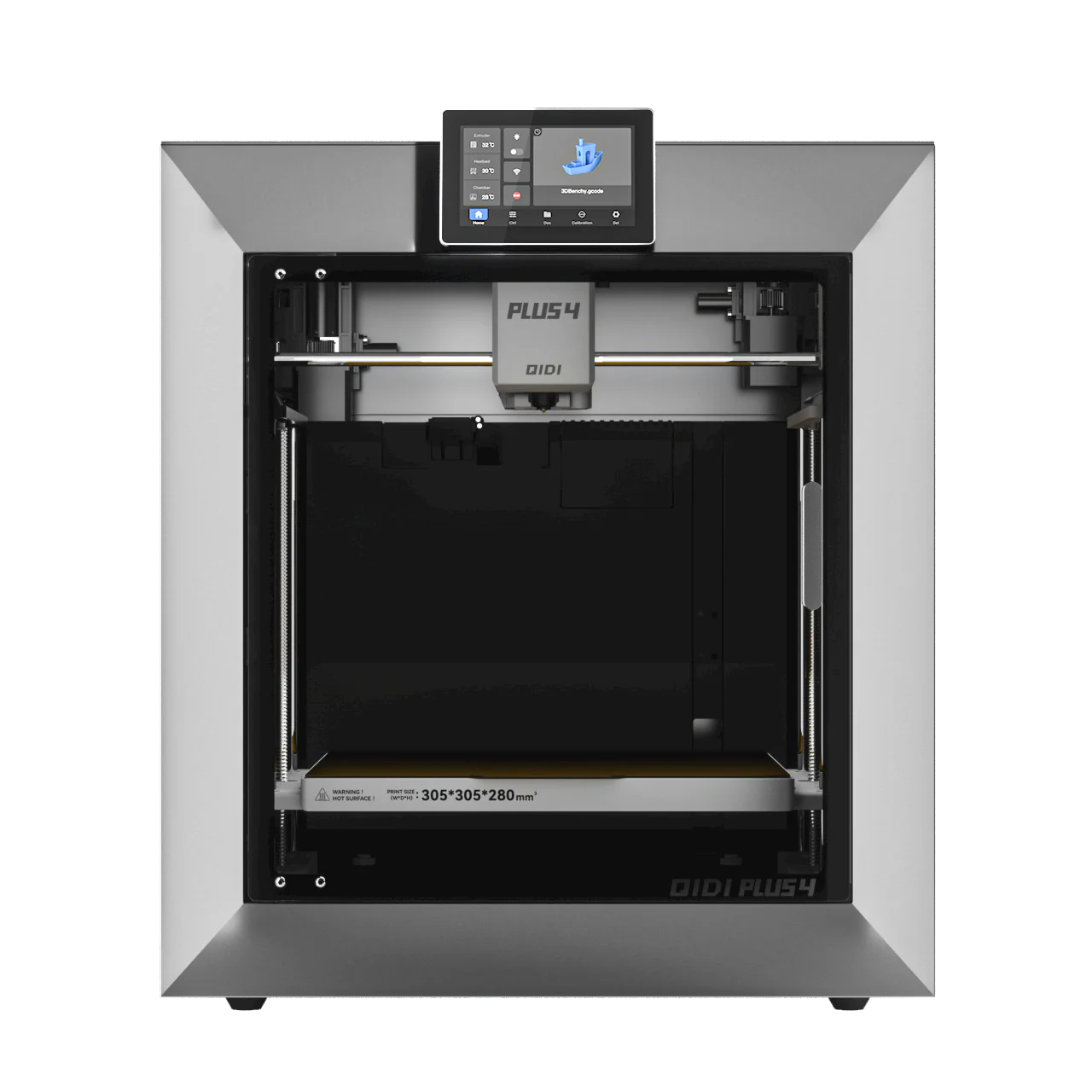 3D-принтер QIDI Plus4 — вид спереди, закрытая камера со стеклянной дверцей и сенсорным экраном