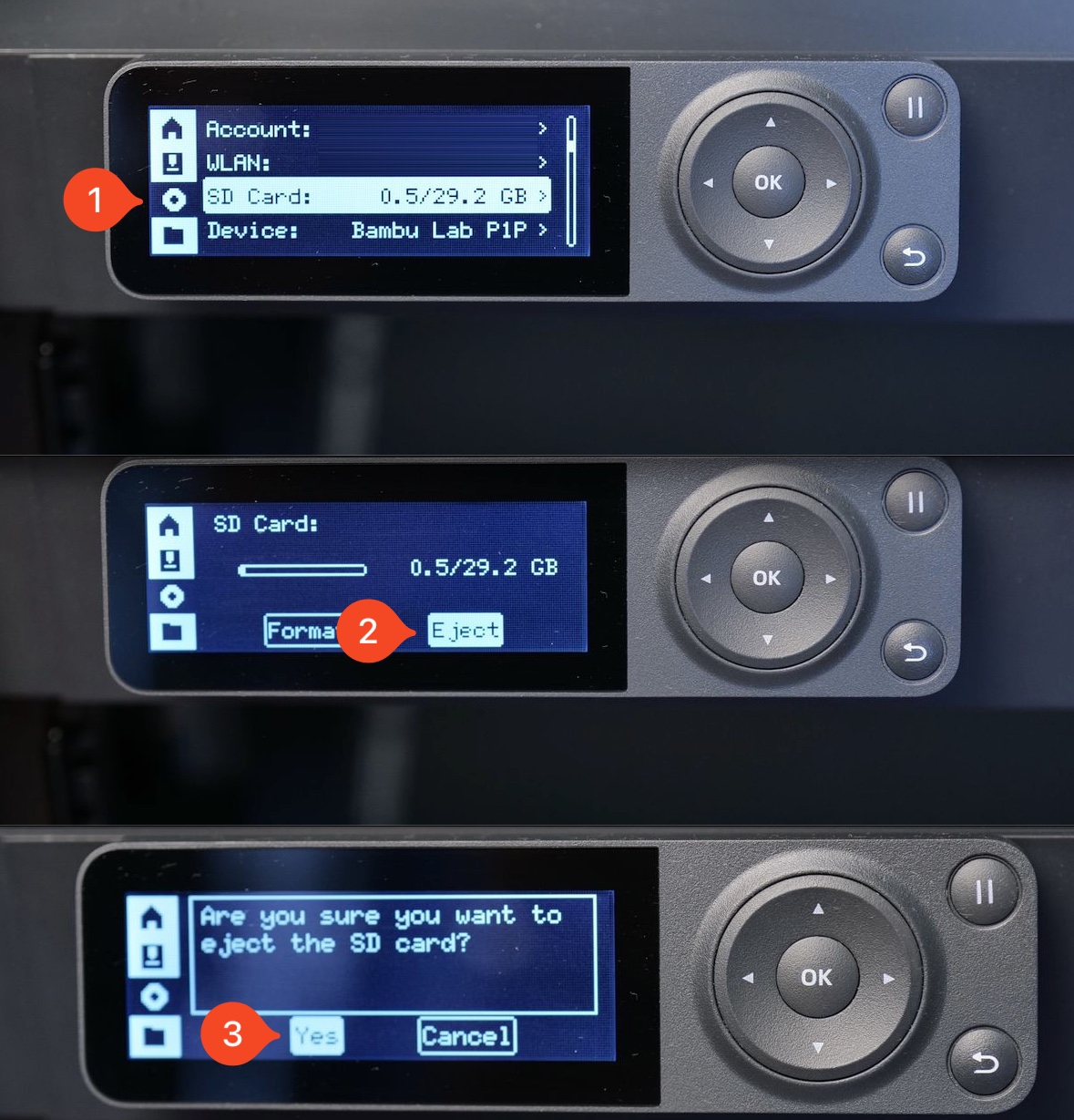 Безопасное извлечение SD-карты через меню принтера