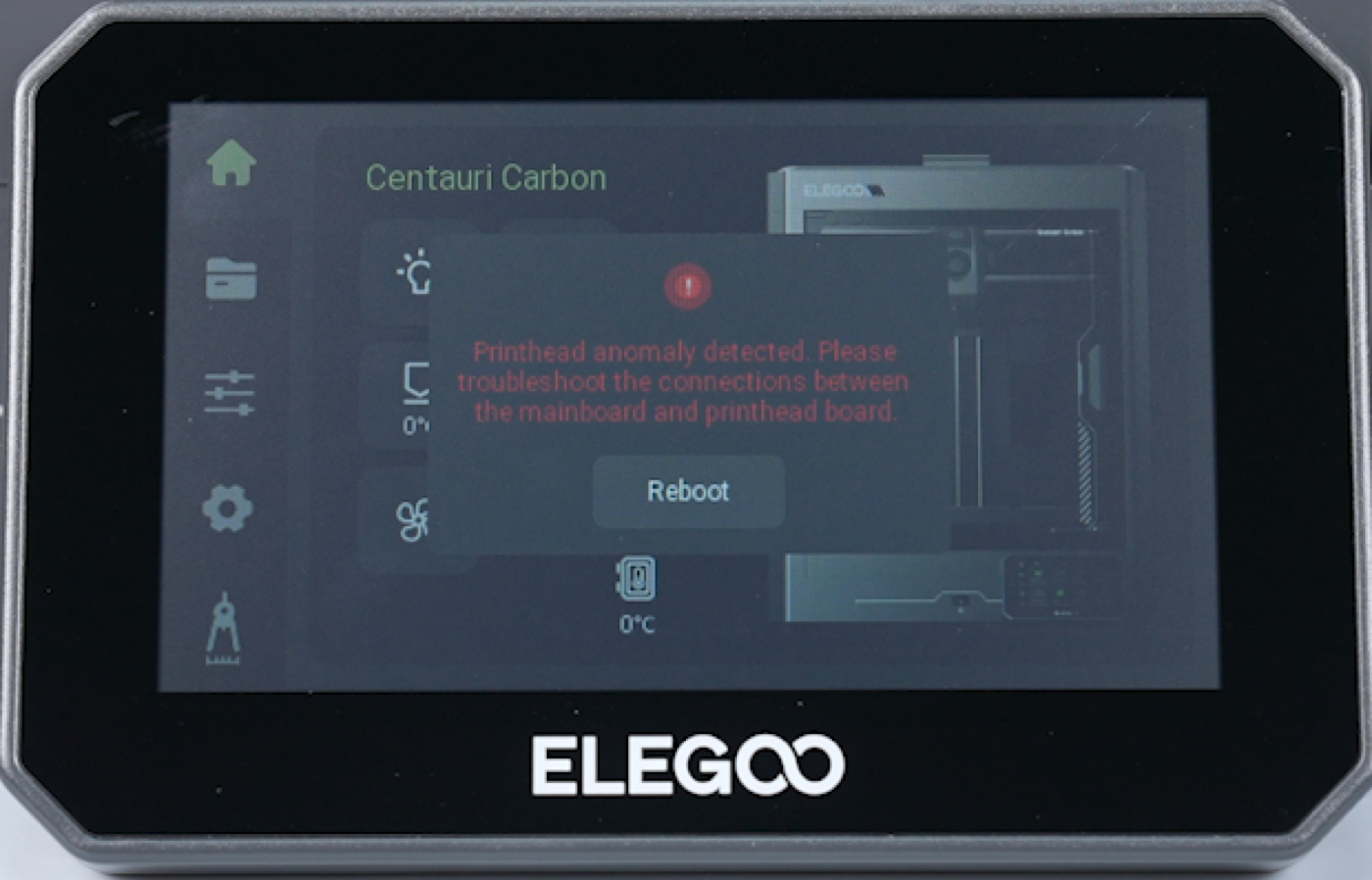 Ошибка «Printhead anomaly detected» на сенсорном экране Elegoo Centauri Carbon