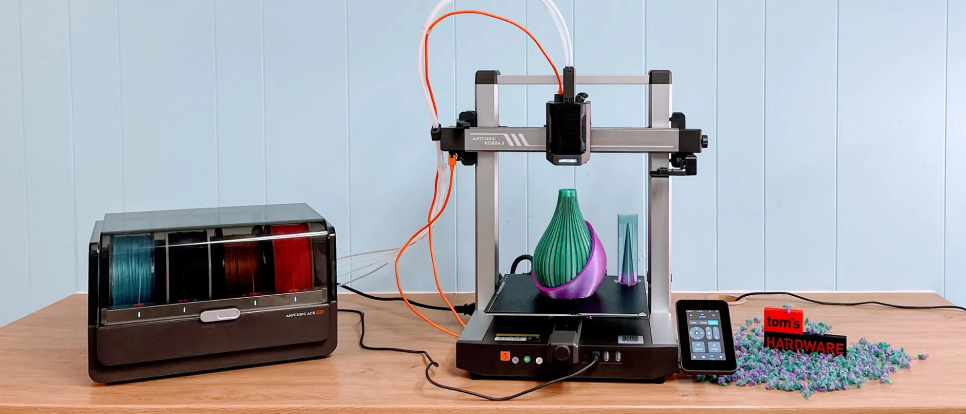 Anycubic Kobra 3 Combo with the ACE Pro unit and a printed vase
