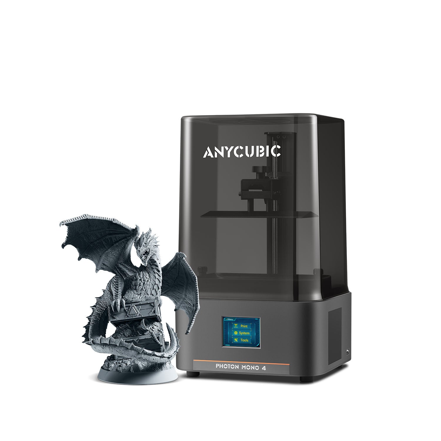 Anycubic Photon Mono 4 рядом с напечатанной фигуркой дракона