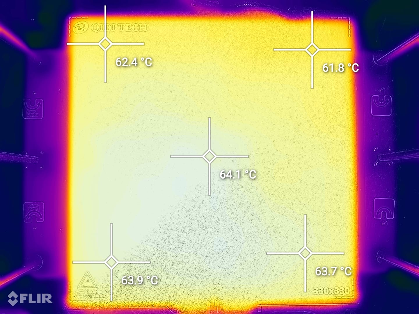 Тепловизор стола QIDI X-Max 3: температуры от 61.8 до 64.1 °C по площади