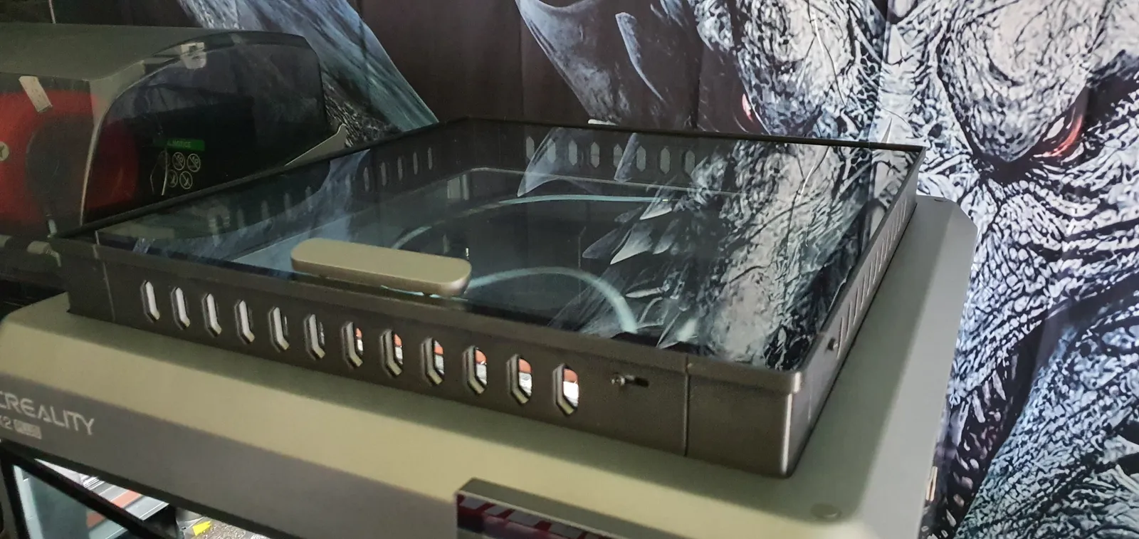 Printed lid riser on Creality K2 — glass lifted by 25 mm