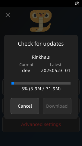 Экран обновлений Rinkhals по воздуху
