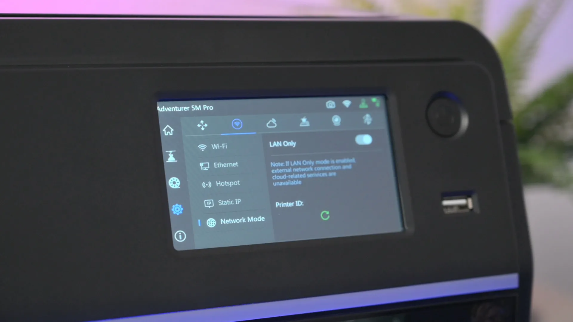 Экран сетевых настроек AD5M Pro — опция LAN Only