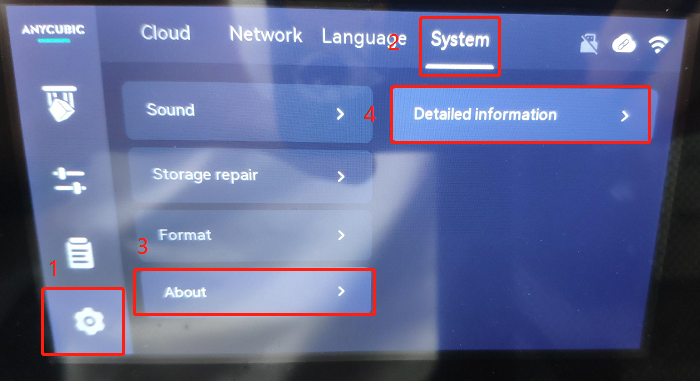 Меню принтера Anycubic: путь Settings, System, About, Detailed information