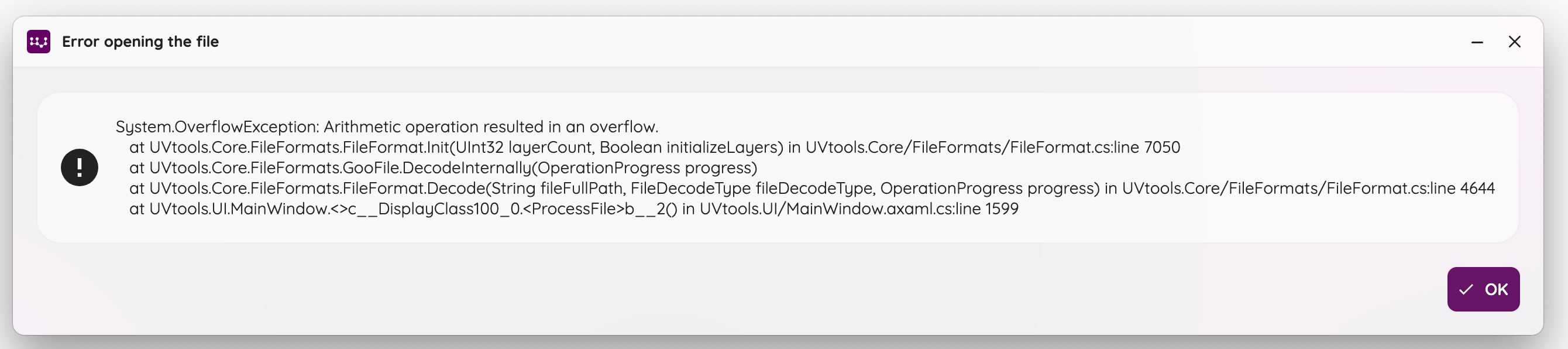 Ошибка UVtools 6.0.3 при попытке открыть .goo от Jupiter 2: переполнение в декодере GooFile