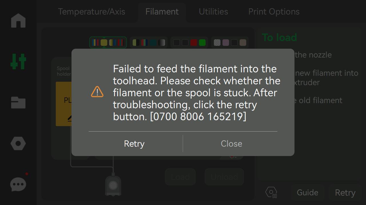Экран принтера с ошибкой 'Failed to feed filament into extruder'