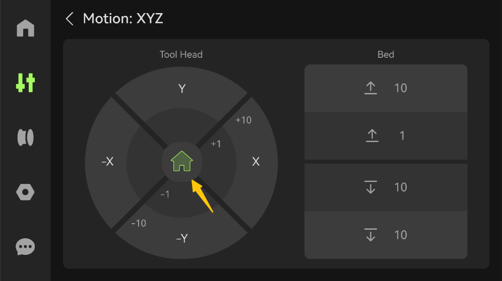 X2D Motion: XYZ screen with the homing button