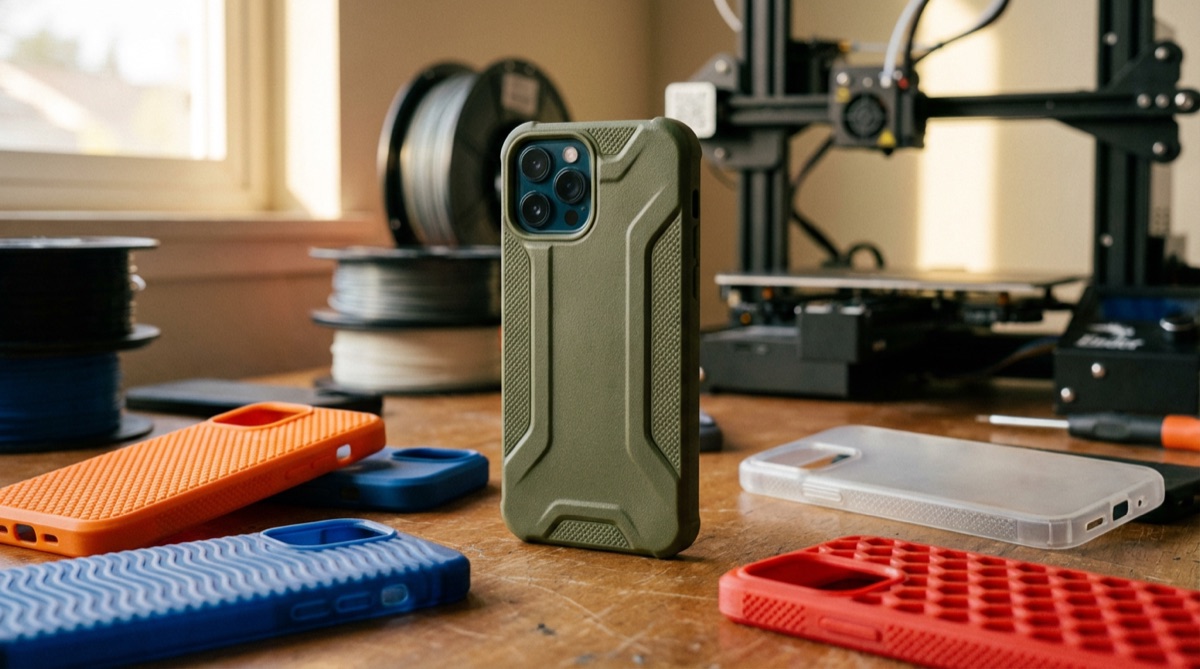 Чехлы для телефонов, напечатанные из TPU разных цветов, рядом с 3D-принтером