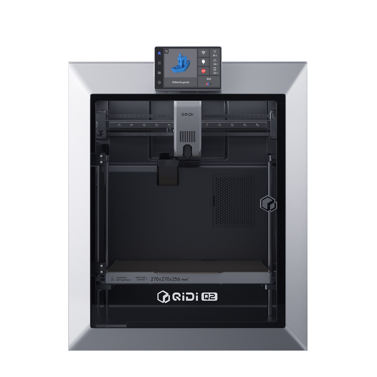 3D-принтер QIDI Q2 — вид спереди с сенсорным экраном и областью печати 270×270×256 мм
