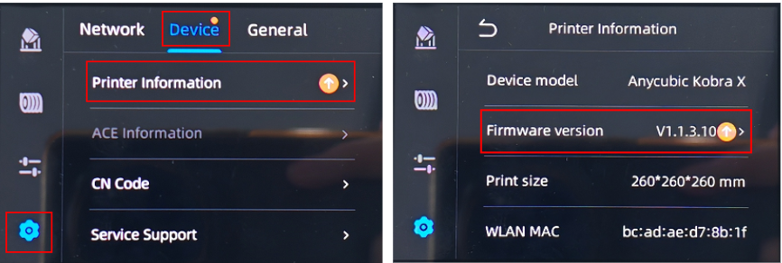 Экран версии прошивки Kobra X: Settings — Device — Printer Information