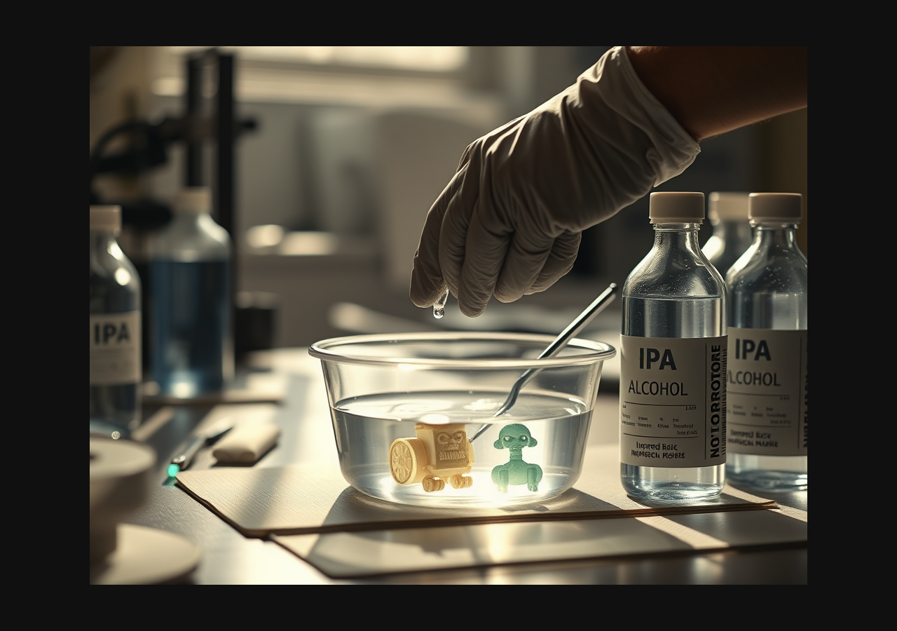 Рабочее место для промывки смолы: IPA в контейнере, перчатки, нитки — правильная техника