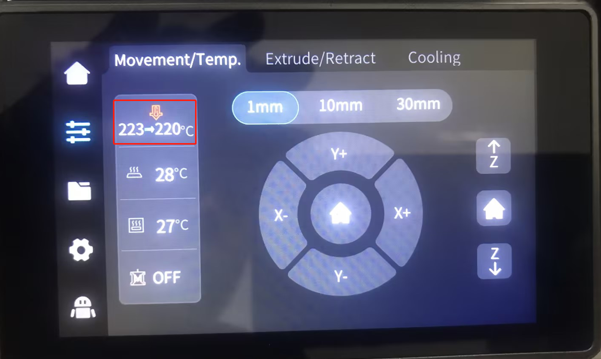 Экран Movement/Temp K1C: установка температуры сопла (на фото — 223→220 °C)