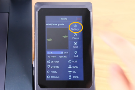 Пункт Settings на экране Neptune 4 во время печати