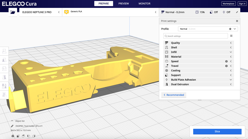 Elegoo Cura с выбранным профилем ELEGOO NEPTUNE 3 PRO и филаментом Generic PLA
