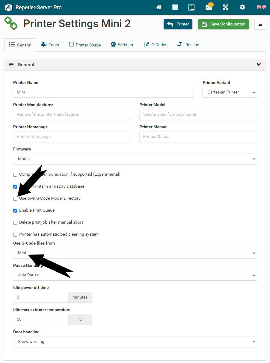 Repetier-Server Pro: включение очереди печати и общий каталог G-кода от другого принтера